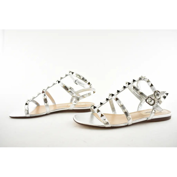Valentino Rockstud Silver Stud Leather Ankle Strap Gladiator Flat Sandal 36.5 - Picture 10 of 12